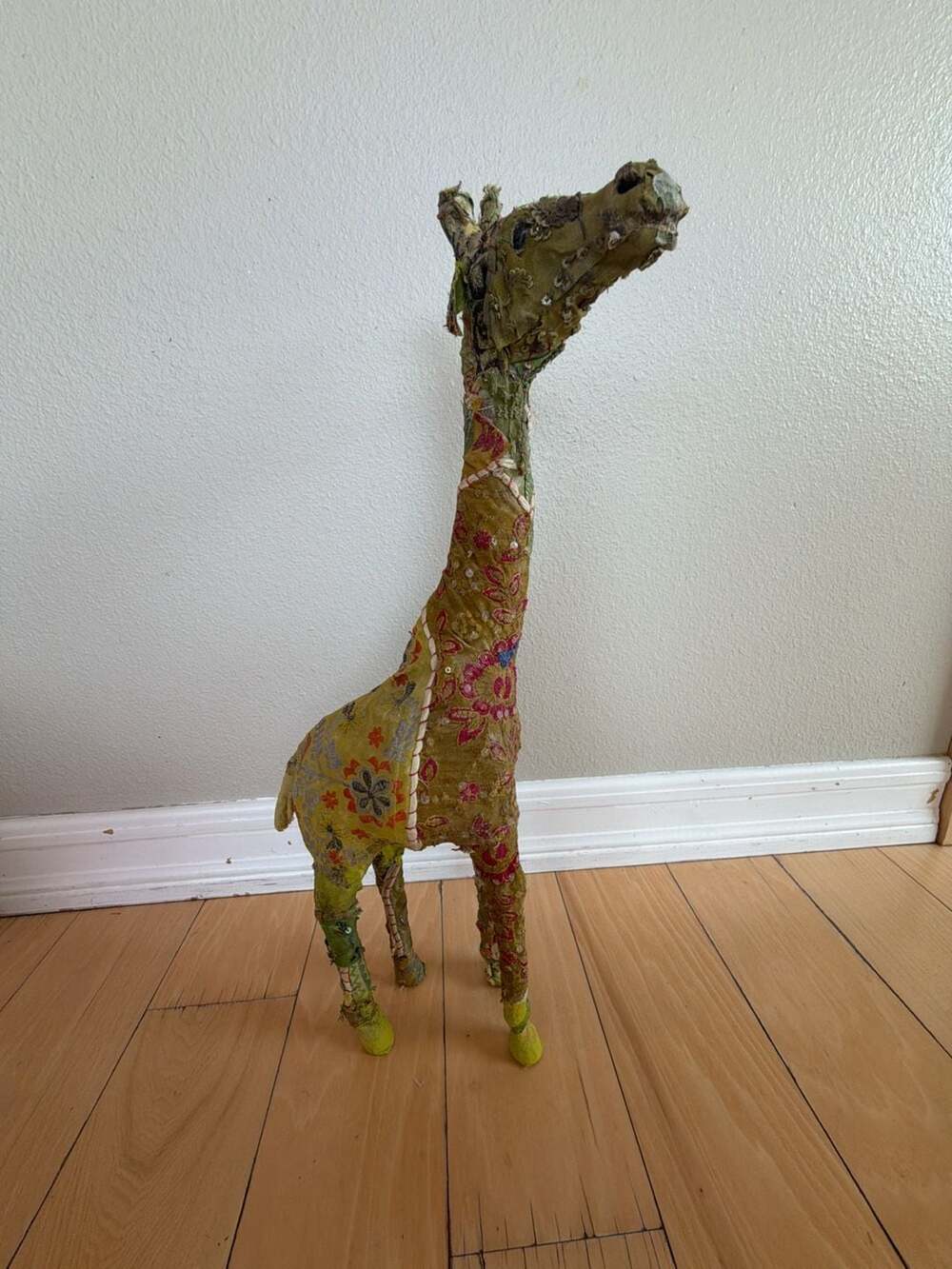 Vintage Handcrafted Indian Sari Fabric Wrapped Giraffe Sculpture Folk Art